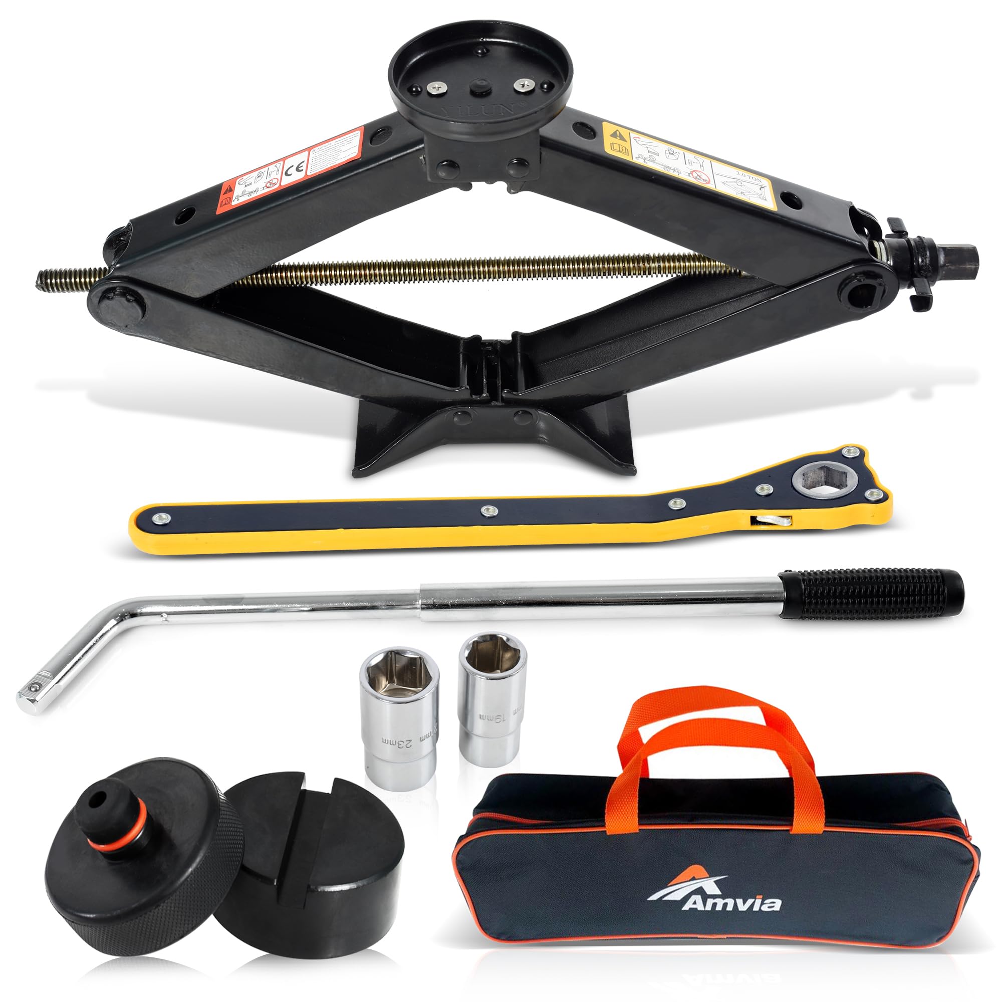 Car Jack Kit With Tesla Pad & Universal Rubber Pad | Scissor Jack For Car 3 Ton (6,600 Lbs) - Tire Jack Tool Kit | Portable, Ide